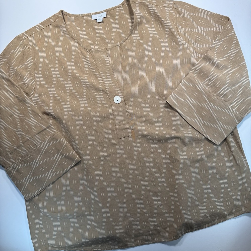 Pure Jill J. Jill 2X V Neck Blouse Top Short Sleeve Tan White 100% Cotton
